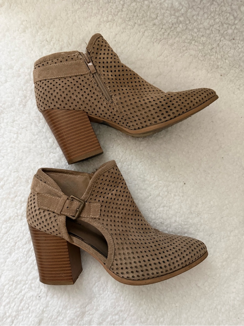 Women's Taupe Perforated Suede Ankle Booties - Block Heel